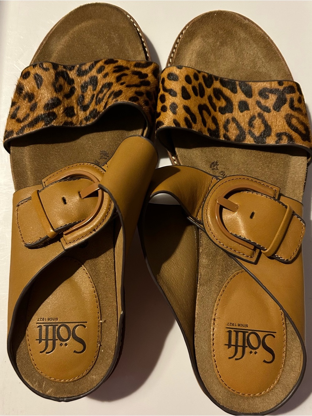 Sofft Two-strap Slide Sandals in Leopard and Tan with Buckle